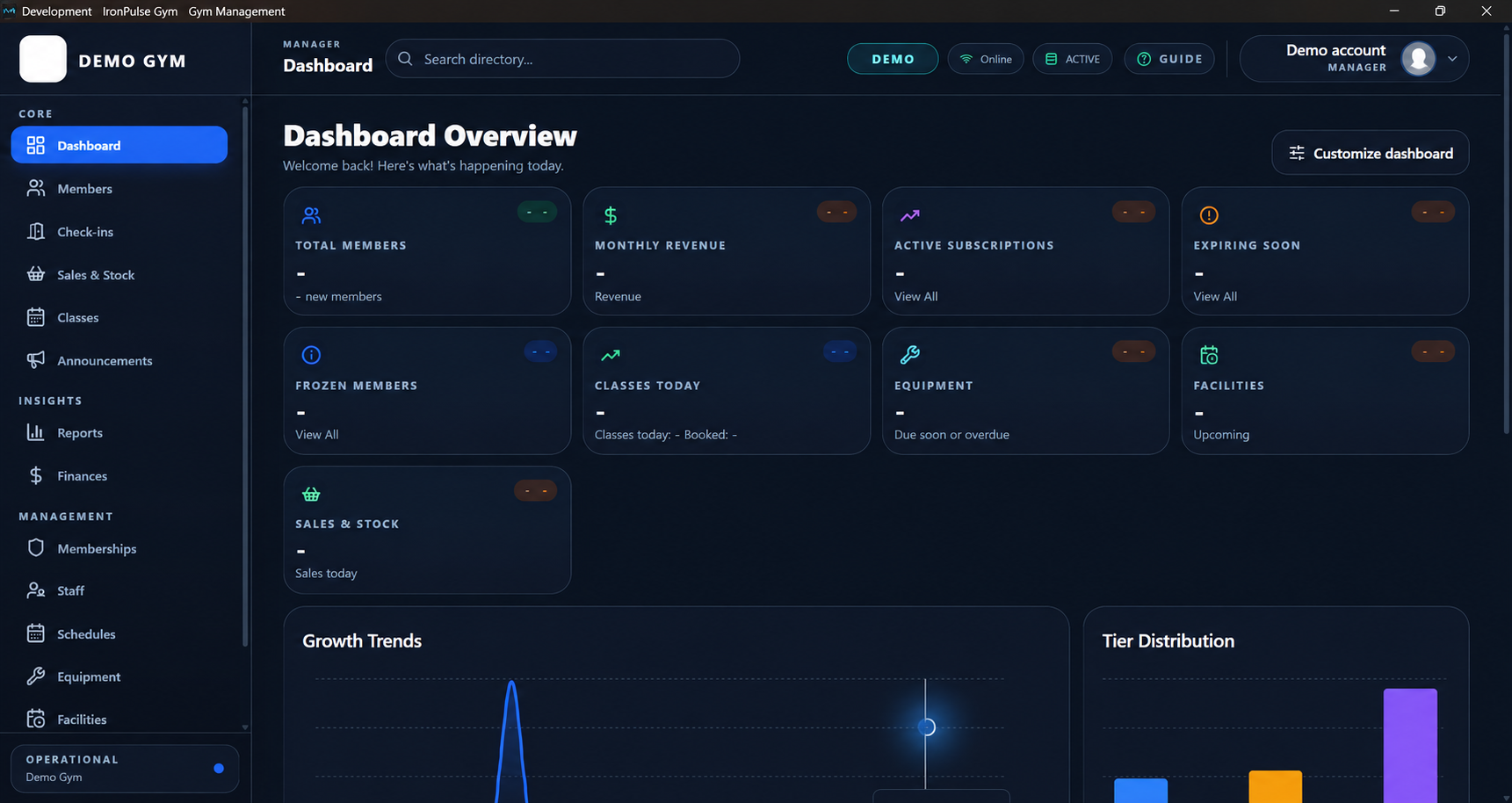 Prikaz IronPulse desktop aplikacije sa uklonjenim demonstracionim podacima